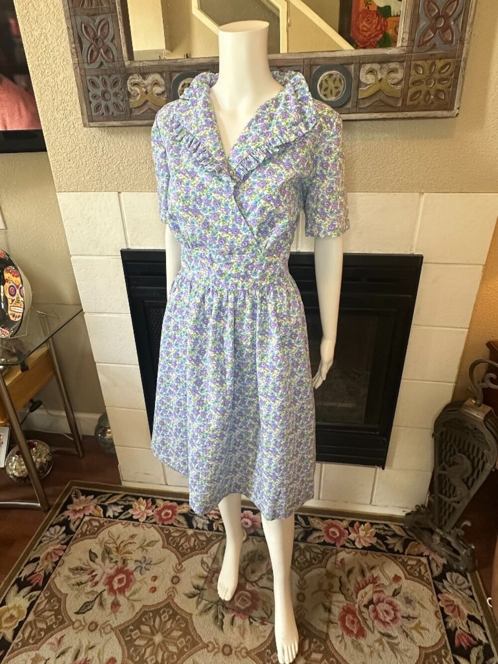 Vtg Lg 1950s Full Skirt Day Dress tea collared Handmade Floral a-line MCM Party